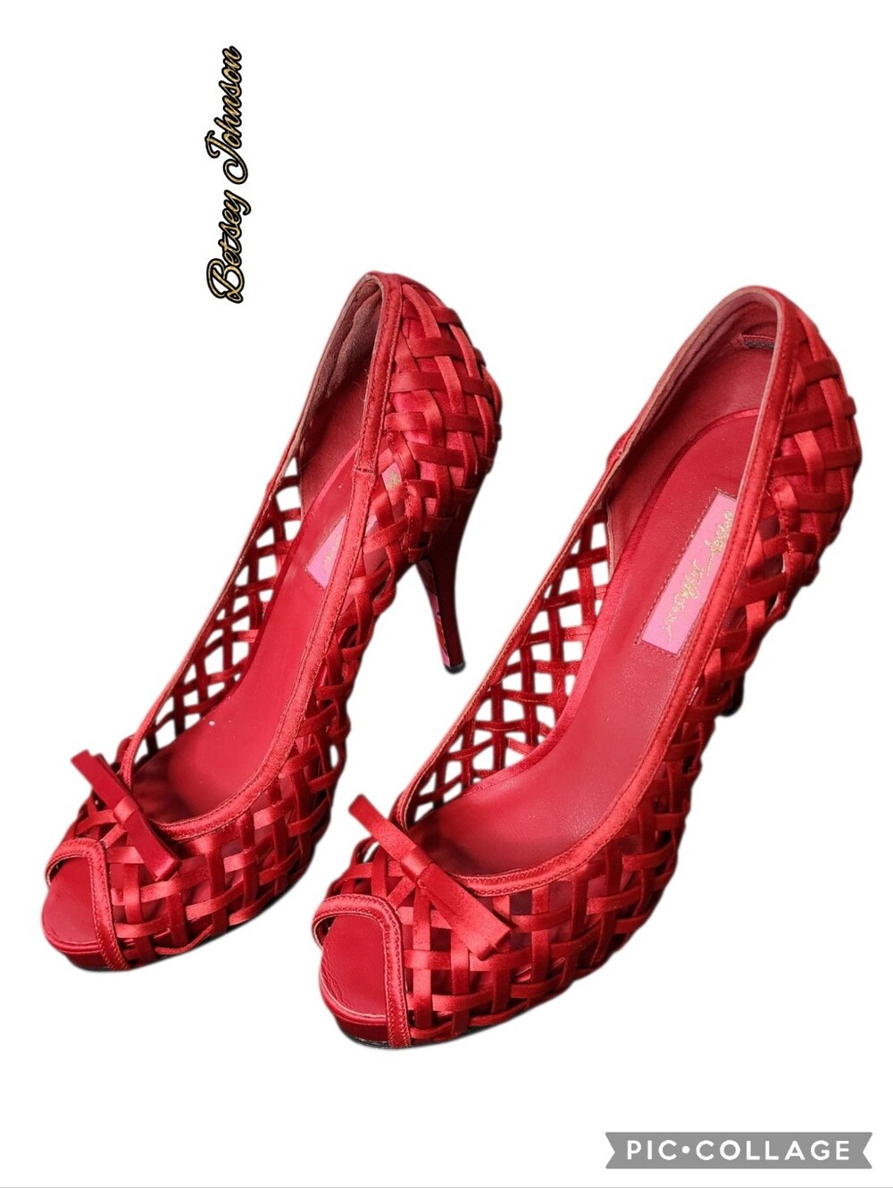 Betsey Johnson red heel shoes satin lattice open toe